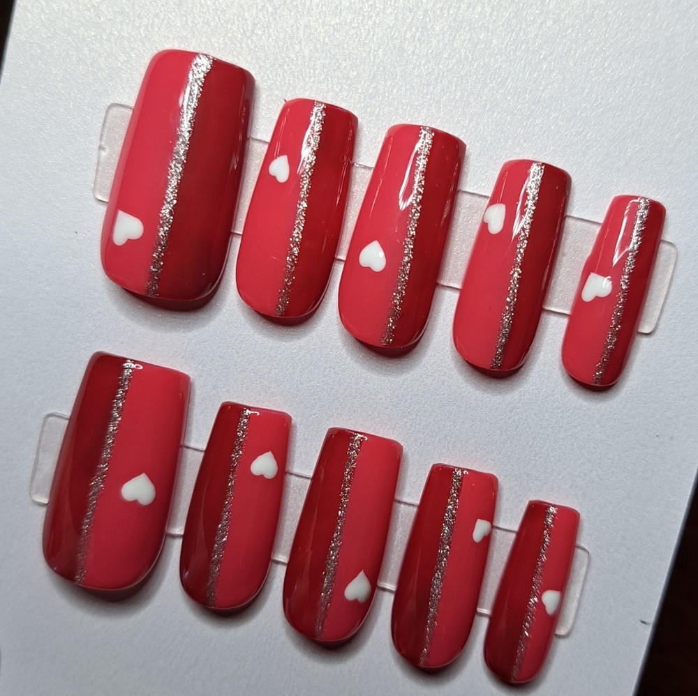Red & Pink Heart Set Hand Painted Press On Nails Salon Quality sz M Square RTS
